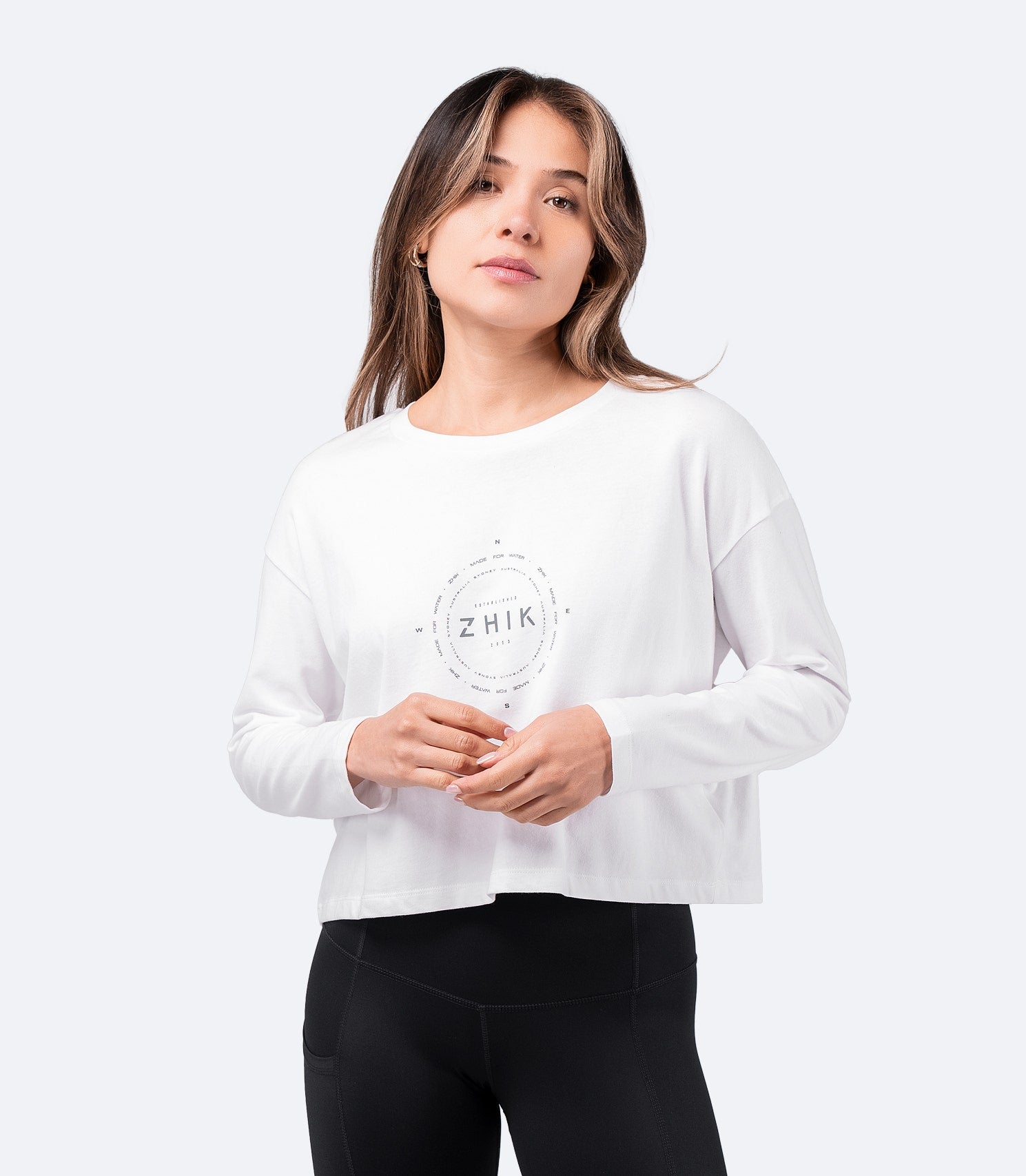 Womens Compass Print Long Sleeve Cotton T-Shirt